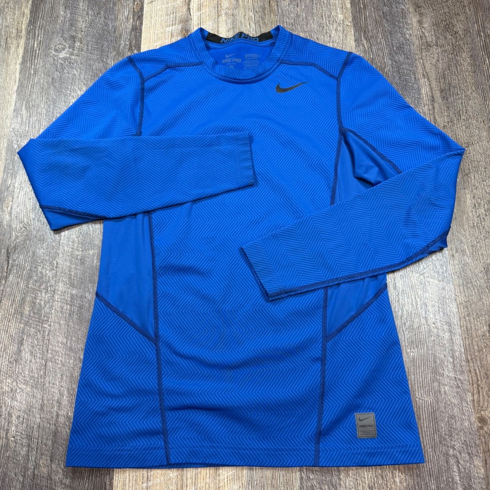 Nike Pro Dri-FIT Shirt Mens Medium Blue Long Sleeve Fitted Training Gym Shirt